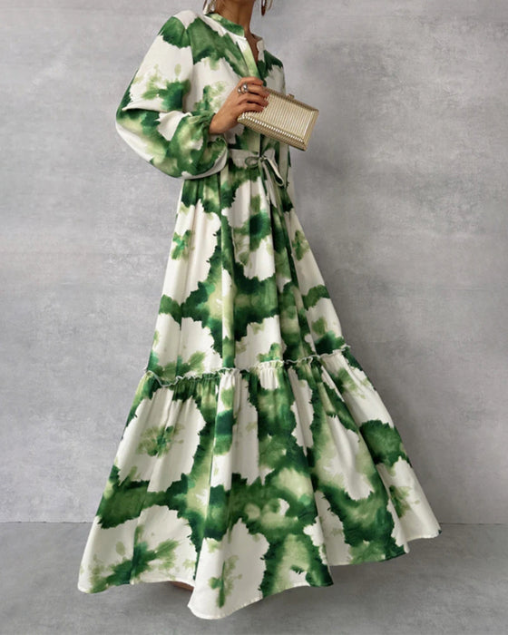 Elegant tie-dye patchwork drawstring balloon sleeve dress