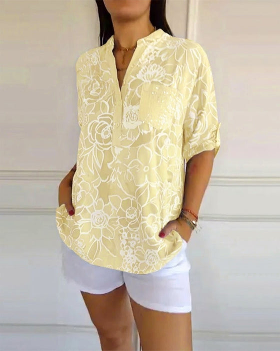 V-Neck Button-Down Printed Blouse