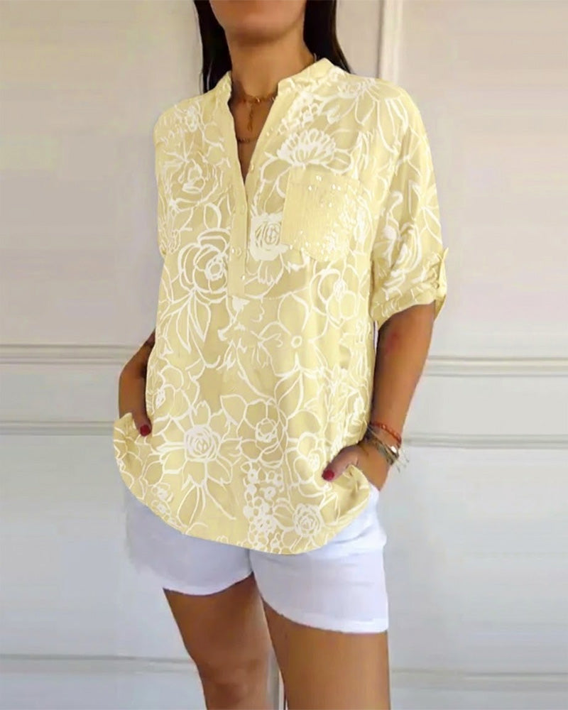 V-Neck Button-Down Printed Blouse