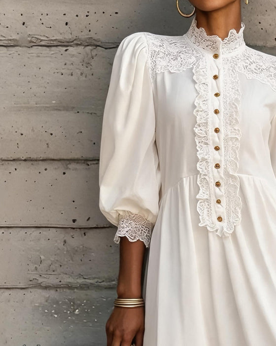 Mock Neck Lace Button Ruffle Dress