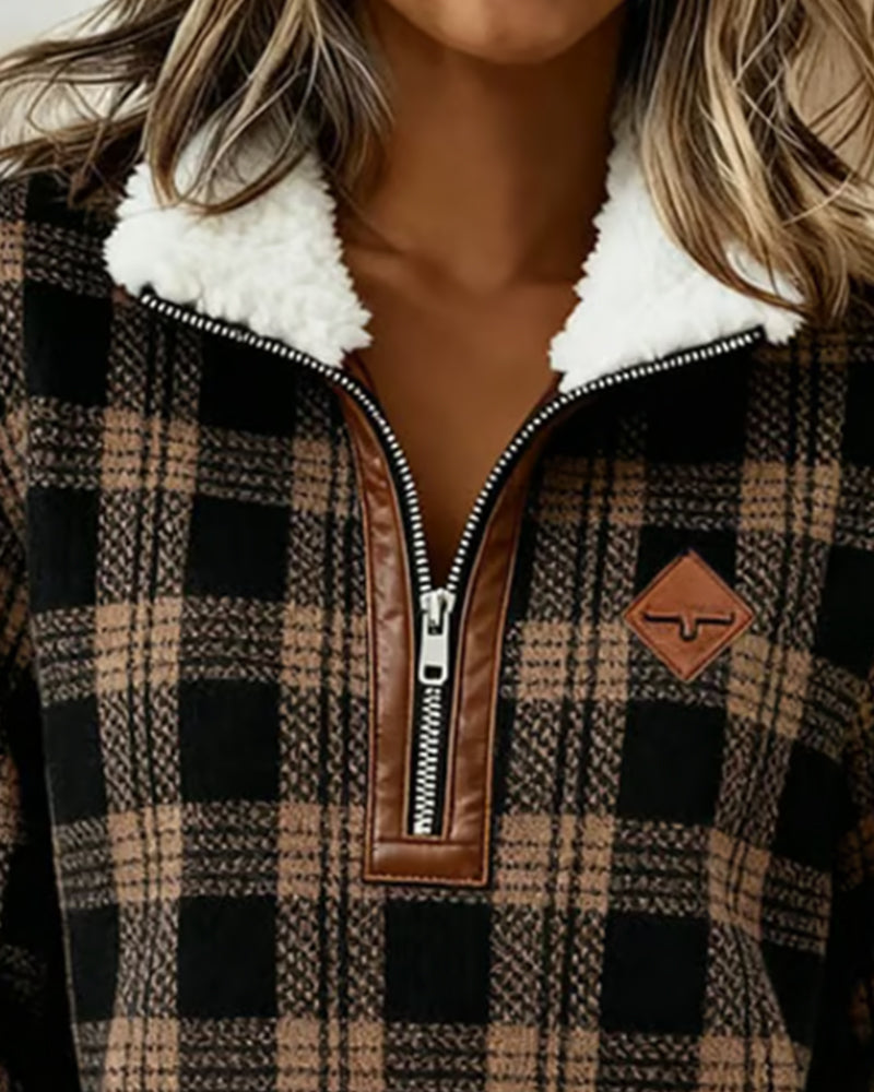 Fleece Half-Zip Collar Plaid Sweatshirt