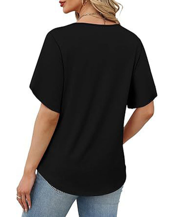 V-Neck Small Slit Short Sleeve Solid T-Shirt