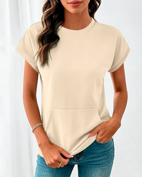 Front Pocket Solid Color Round Neck Blouse