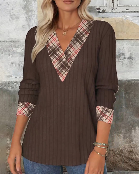 V-Neck Paneled Plaid Knitted Sweater