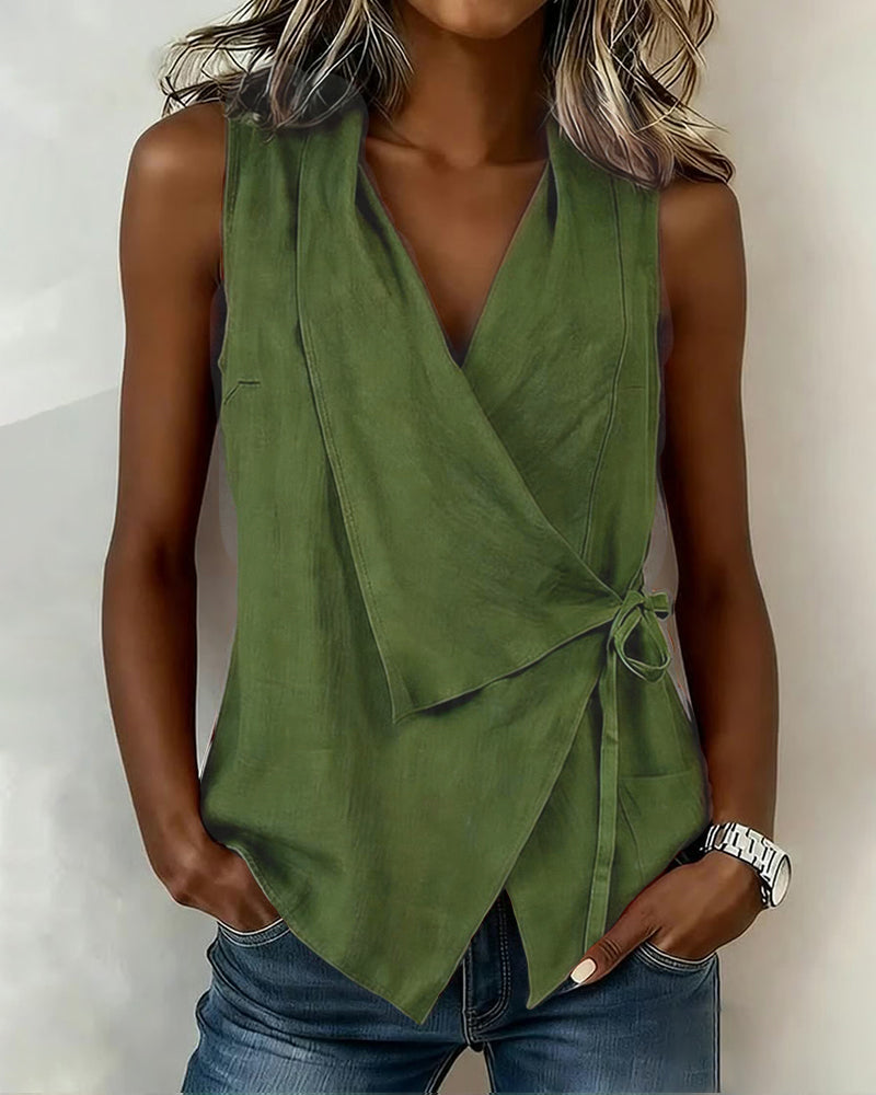 Crisscross Tie Cotton Linen Solid Tank Top