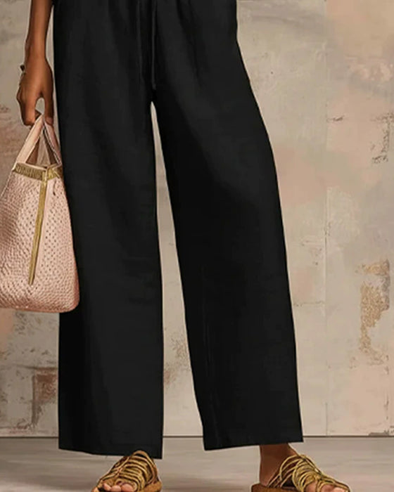 Zipper Crewneck Top Wide Leg Pants Two-Piece Sets