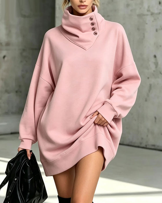 Turtleneck Diagonal Button Loose Fit Dress