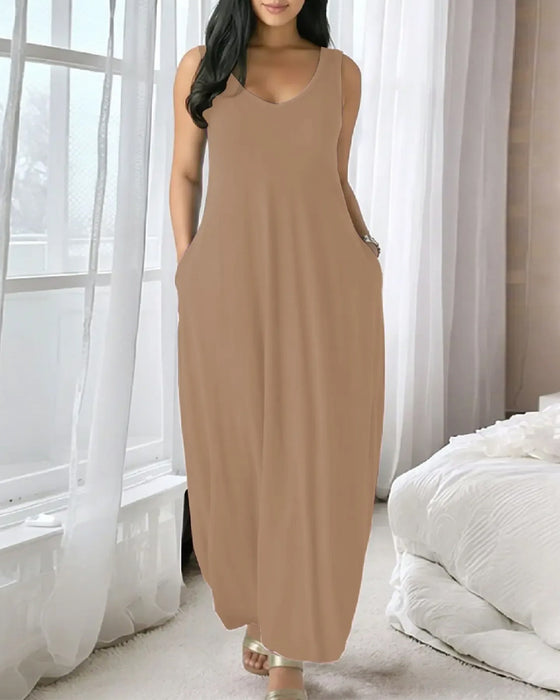 V-Neck Pocket Loose Tank Long Dress