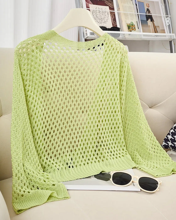 Tie-Front Hem Hollow Cardigan