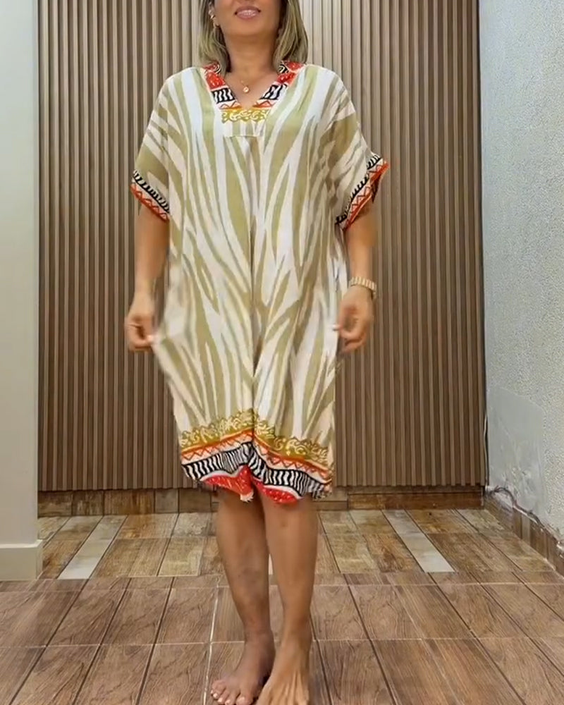 Bohemian Zebra Print V-Neck Loose Dress