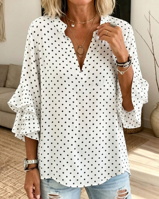 Polka Dot Layered Ruffled Sleeve Blouse