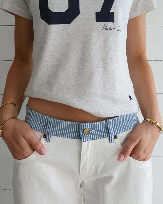 Striped Contrast Waistband Straight-Leg Pants