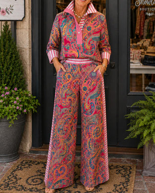 Lapel Stripe Print Shirt + Wide Leg Pants Set