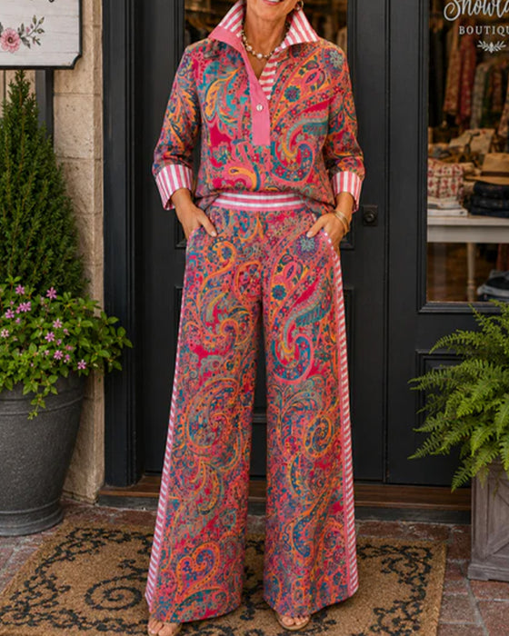 Lapel Stripe Print Shirt + Wide Leg Pants Set