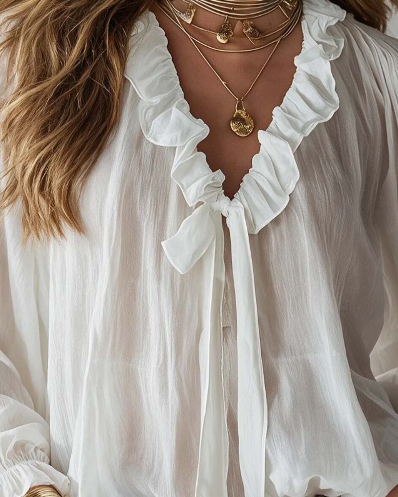 V-Neck Lace-Up Ruffled Long-Sleeve Blouse