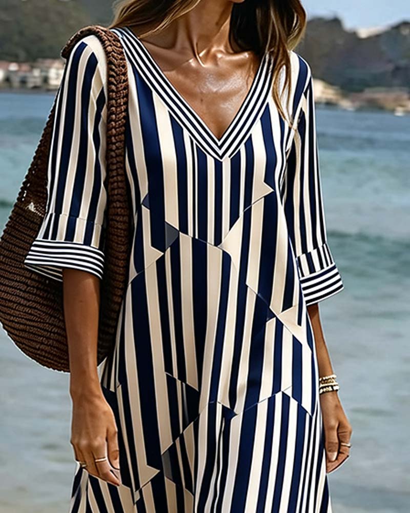 Striped Half Sleeve V-Neck Dress