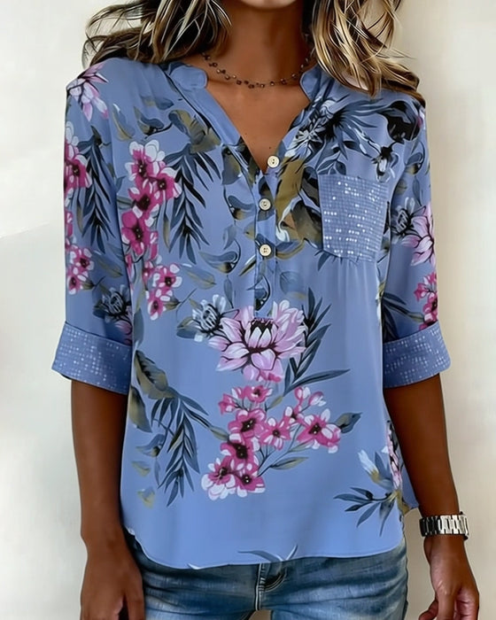 V-Neck Sequined Floral Blouse