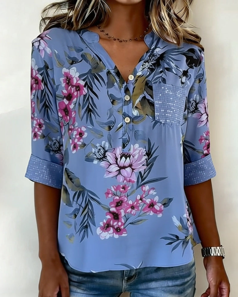 V-Neck Sequined Floral Blouse