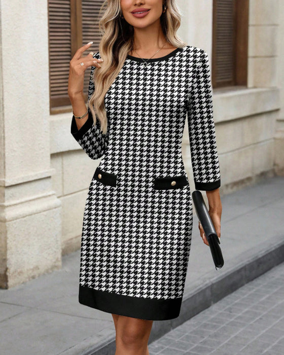 Women's Crew Neck Houndstooth Bodycon Midi Dress
