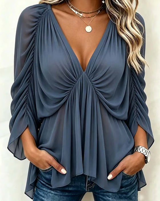 V-Neck Shirred Casual Blouse