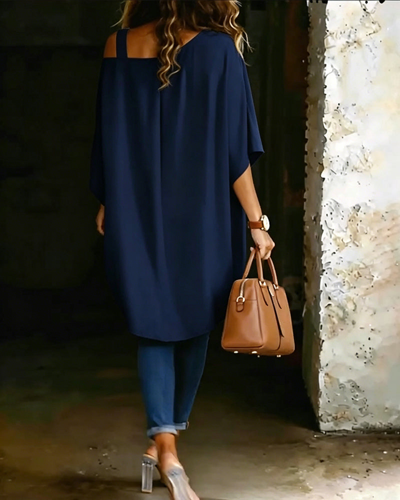 Asymmetric Cold-Shoulder Solid Color Casual Blouse