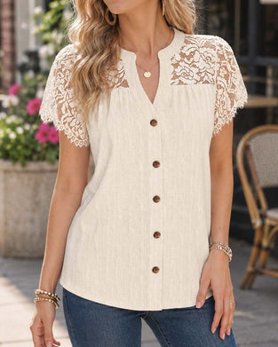 V-Neck Button Lace Panel Blouse