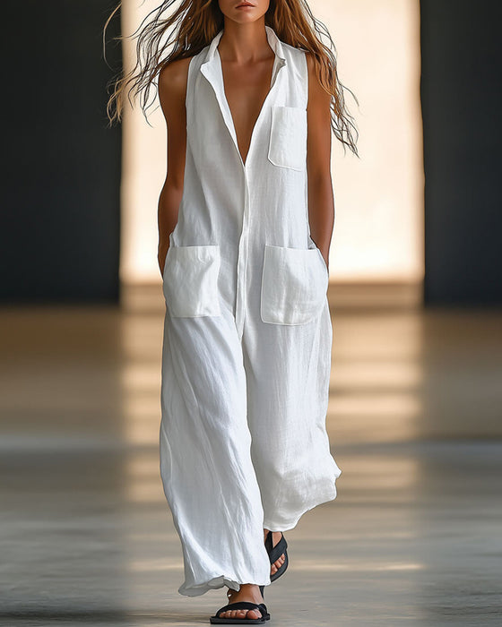 Sleeveless Single-Breasted Cargo Jumpsuit
