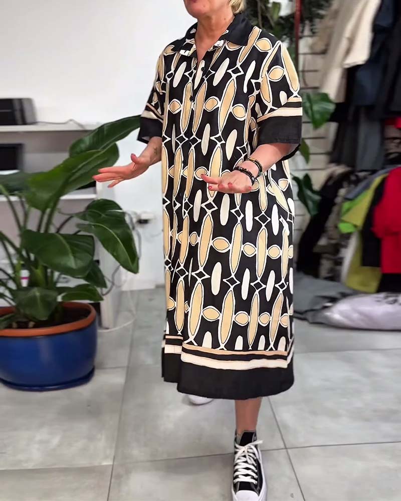Collared Printed Short-Sleeve Loose Dress