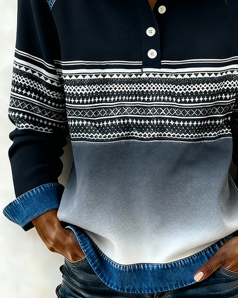 Button Lapel Striped Gradient Sweatshirt