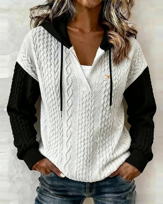 Long-Sleeved Cable Knit Casual Hoodie