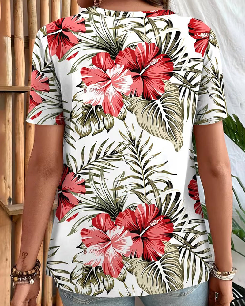 V-Neck Leaf Print Short-Sleeve T-Shirt