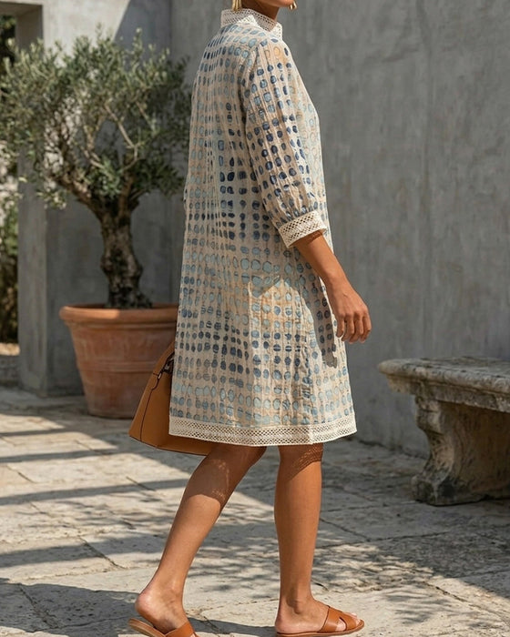 V-Neck Polka Dot Lace Patchwork Stand Collar Dress