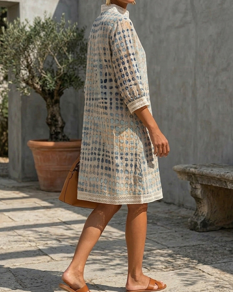 V-Neck Polka Dot Lace Patchwork Stand Collar Dress