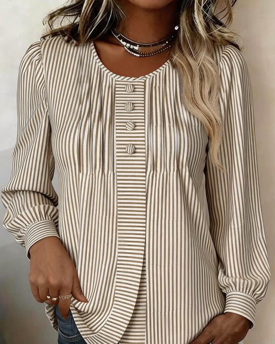 Crew Neck Button Front Stripe Puff Sleeve Blouse
