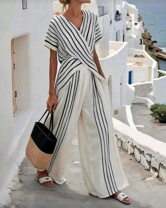 V-Neck Cross Stripe Wide-Leg Set