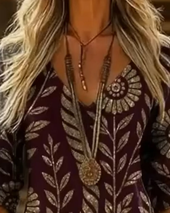 V-Neck Leaf Print Dress