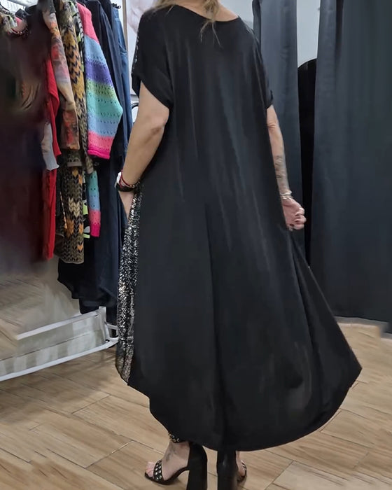 Round Neck Slit Sequined Long T-Shirt