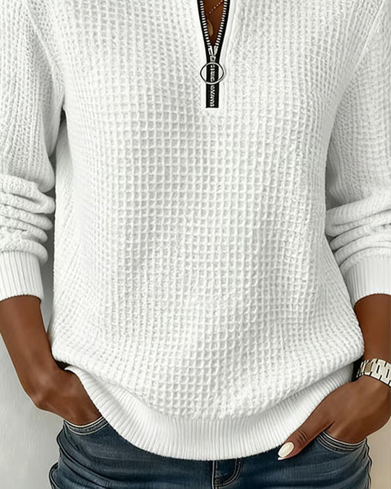 Stand-Collar Zip Long-Sleeve Waffle Sweatshirt
