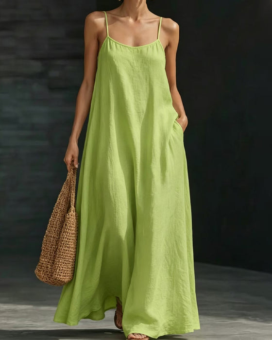 Solid Color Spaghetti Straps Pocket Long Dress
