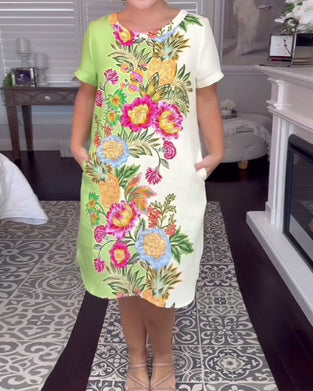 Round Neck Short Sleeve Floral Shift Dress