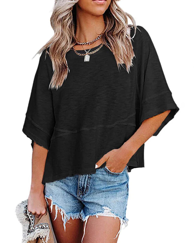 Non-Slit Patched Solid Color Bell Sleeve T-Shirt