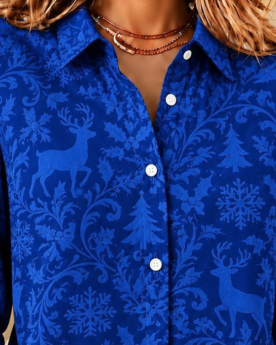 Christmas Elk Snowflake Print Lapel Shirt