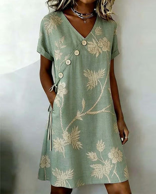 Diagonal Button Print V-Neck Mini Dress