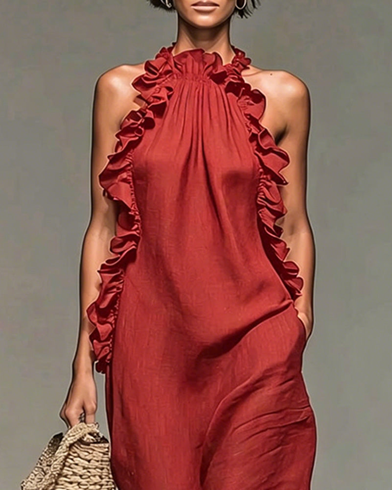 Halterneck Ruffled Long Dress