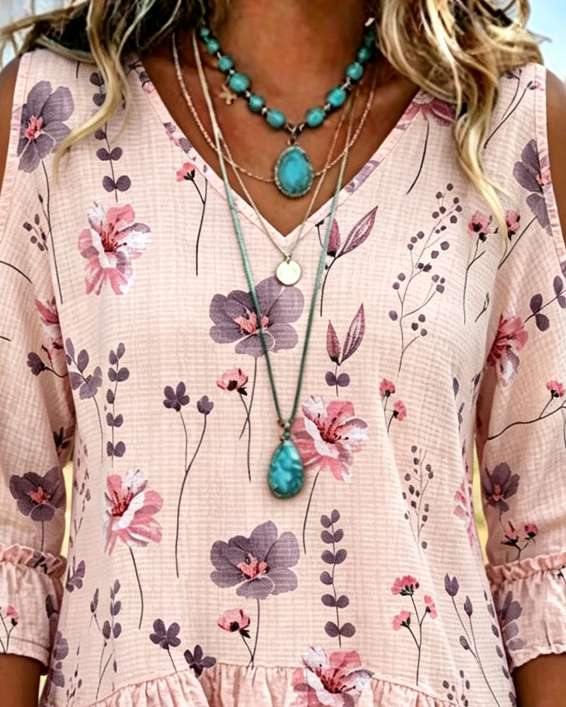 Floral Print Off Shoulder Ruffle Sleeve Blouse