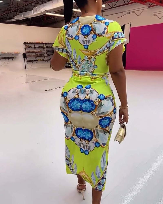 Deep V slit waist printed dress