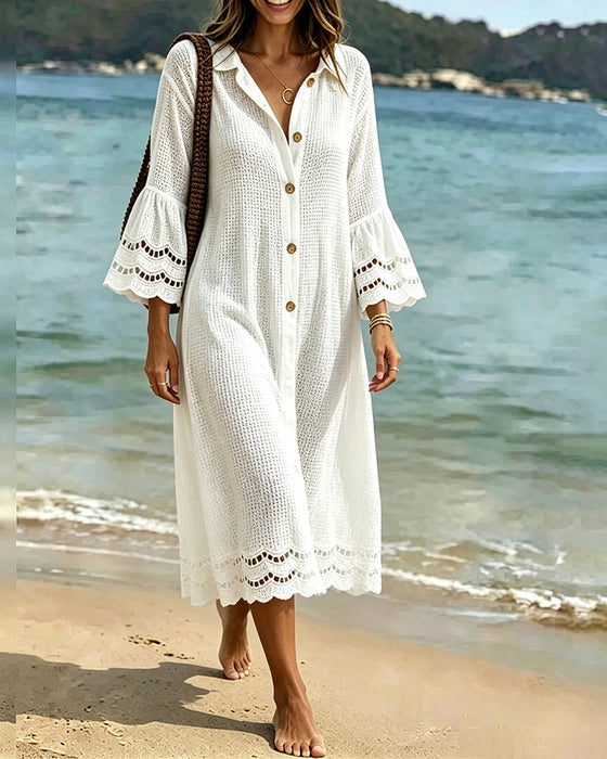 Shirt Collar Button Lace Patchwork Dress