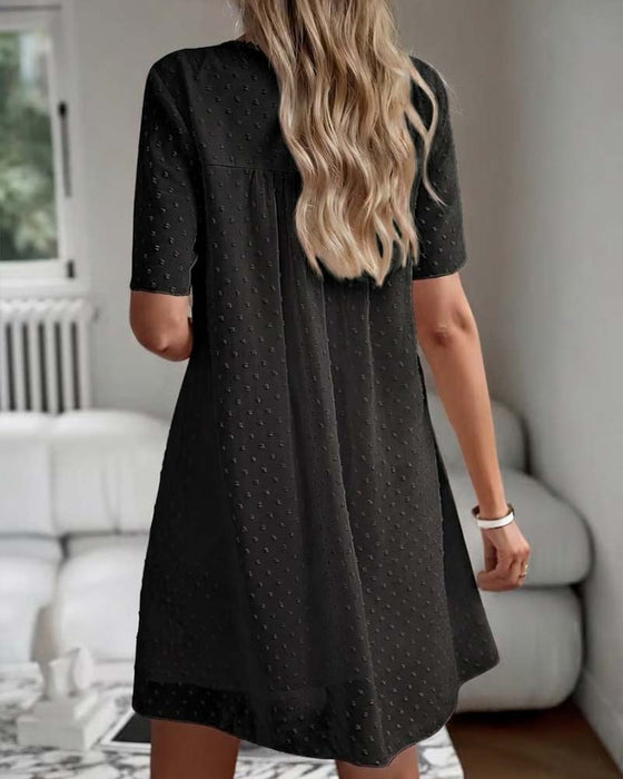 Solid Color Round Neck Three-Dimensional Floral Pleated Dress