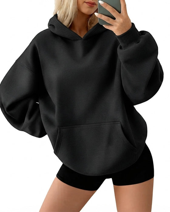 Hooded Pocket Solid Loose Hoodie