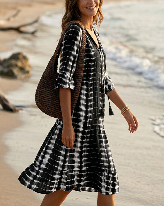 V-Neck Gradient Print Vacation Dress